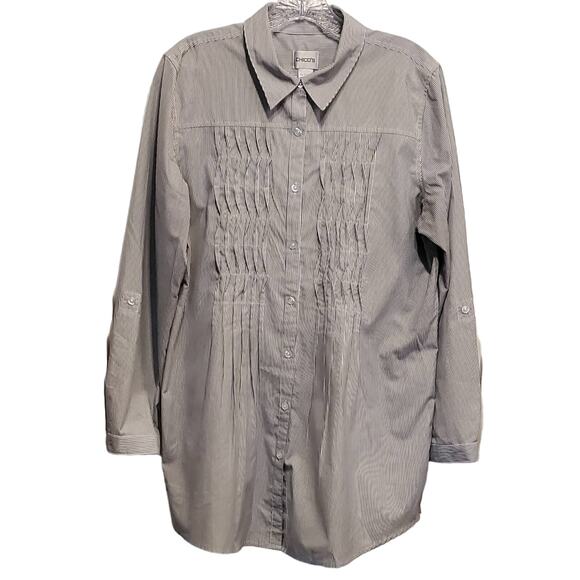 Chico's Pin Striped Button Down Tunic Ruching Shirt Size 2 - Picture 1 of 8